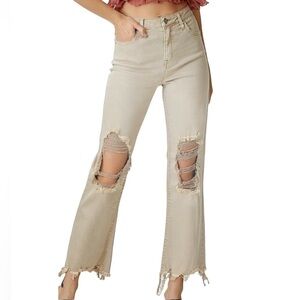 Risen Jeans High Rise Distressed Straight Leg Sand Khaki Color Sz 11 Waist 30